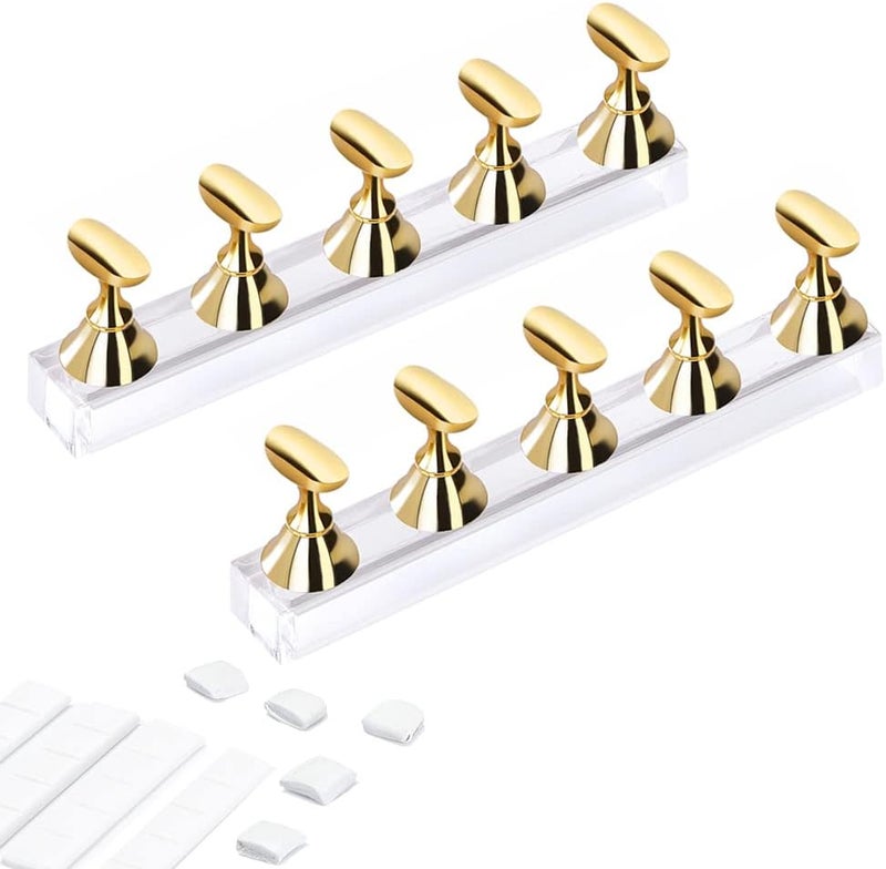 Etercycle حامل عرض أظافر أكريليك DIY حامل كريستالي للأظافر حاملات ممارسة مغناطيسية مع طين لاصق قابل لإعادة الاستخدام للأظافر الاصطناعية (2 ذهبية) - Image 1